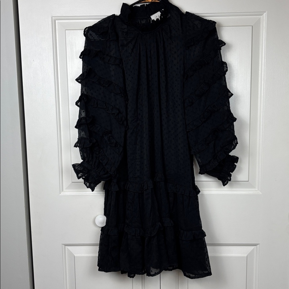Cleobella Black Sheer Textured Ruffle Dress With Tie - Xs